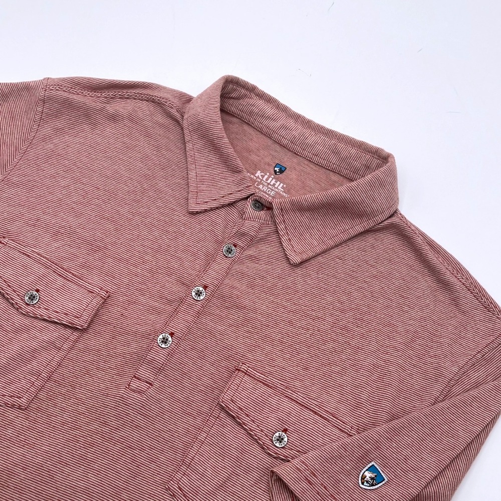 KUHL RAZR Polo Shirt Mens Organic Cotton Striped Short Sleeve Red Large Gorpcore
